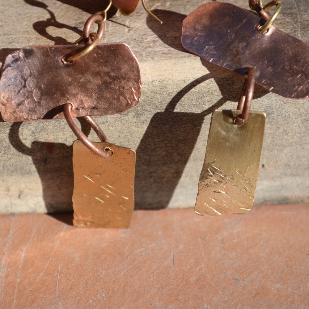 Brutalist Earrings Copper Brass Rustic Statement - Picture 7 of 8